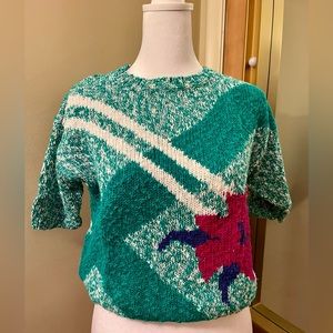 Vintage 80s Women’s Teal / Turquoise Avant Garde floral Sweater Size Small